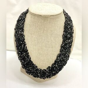 Braided Glass Seeds Necklace Black and Silver 24”